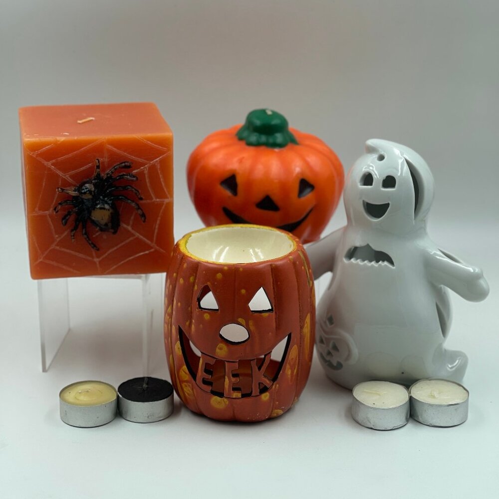 Halloween Candle BUNDLE Orange Pumpkin + Ghost Tealight Holder Home Decor Figure